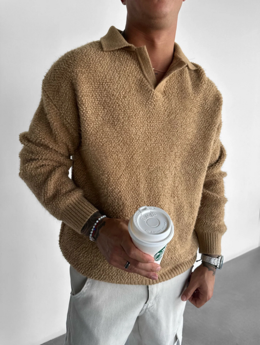 OVERSIZE FIT KNIT COLLAR BRUSHED PULLOVER - CAMEL